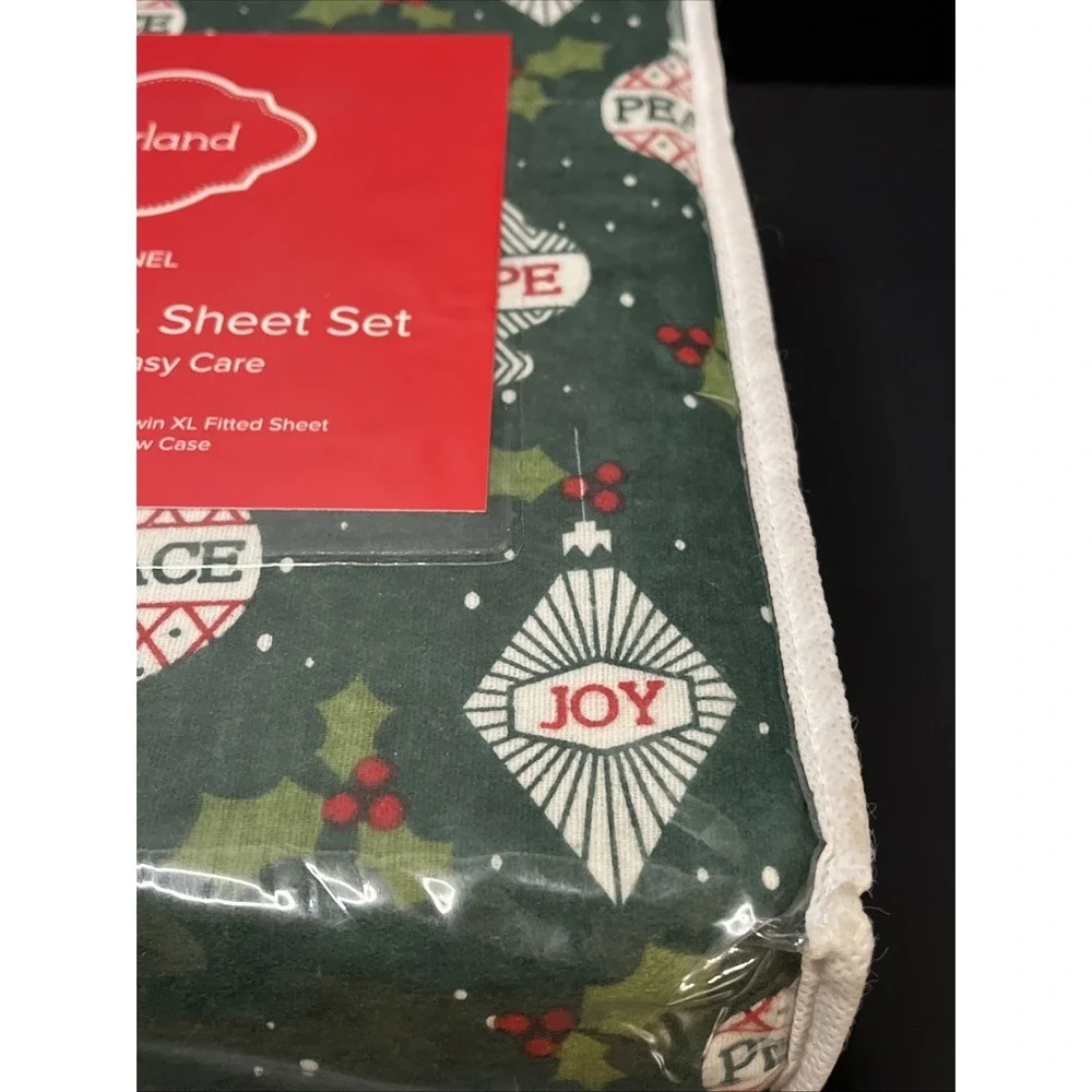 Joyland Flannel Twin/Twin XL Sheet Set Green Peace Joy Hope Christmas New